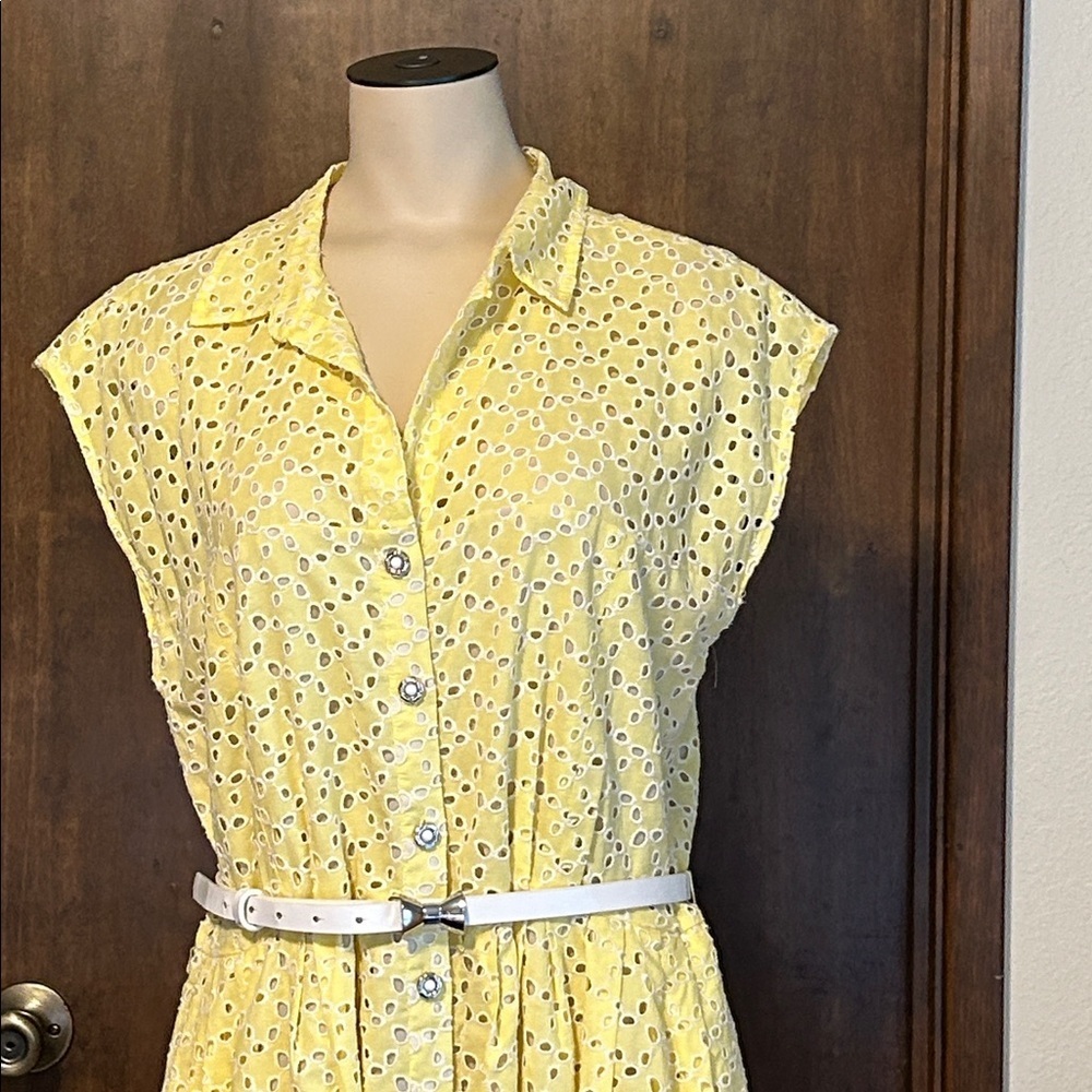 BETSEY JOHNSON YELLOW & WHITE EYELET BELTED MIDI DRESS SIZE 12